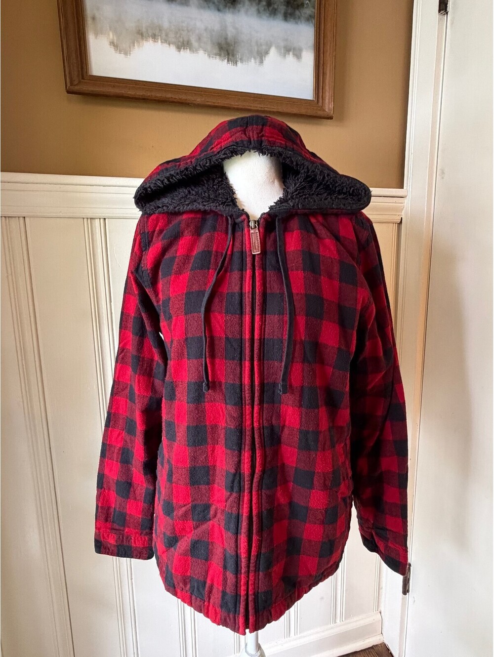 L.L.Bean Women's M Buffalo Plaid Sherpa Lined Flannel Zip Hoodie Jacket